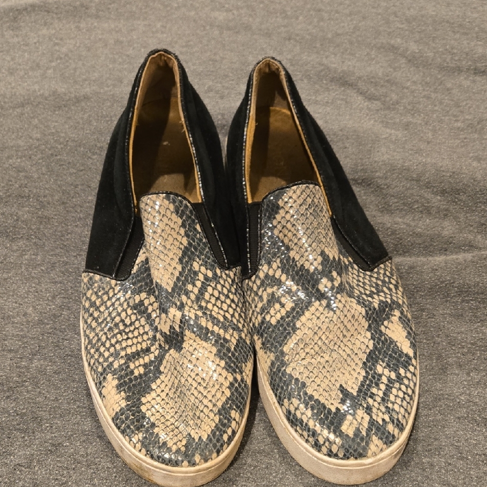 Vionic Black and Tan Loafers with Snakeskin Print